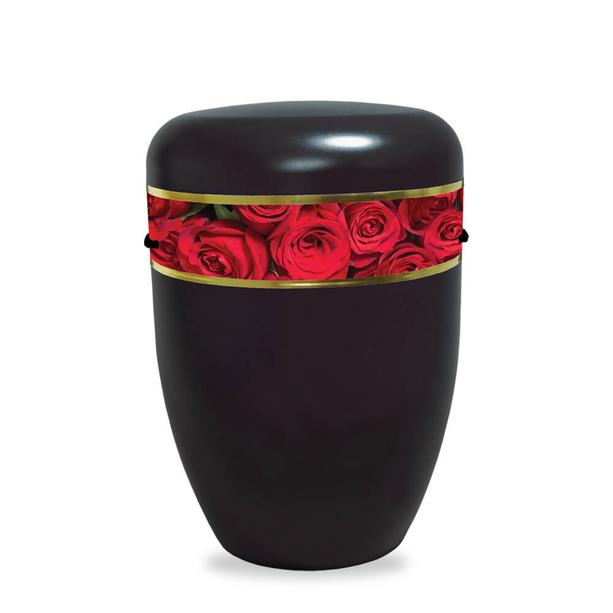Edle Bio Urne in schwarz mit Rosen Dekorband - Rosendekor