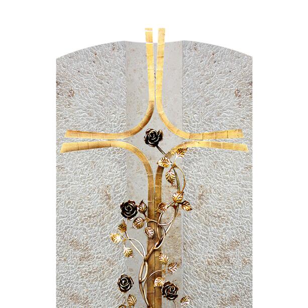 Urnengrabstein mit Bronze Grabkreuz Rosenranke modern - Crociato Rosa
