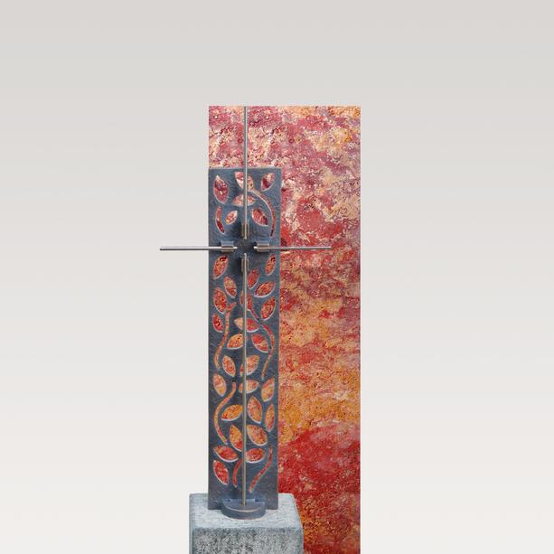Urnengrabstein roter Travertin mit Bronze Kreuz Ornament - Rosso Singolo