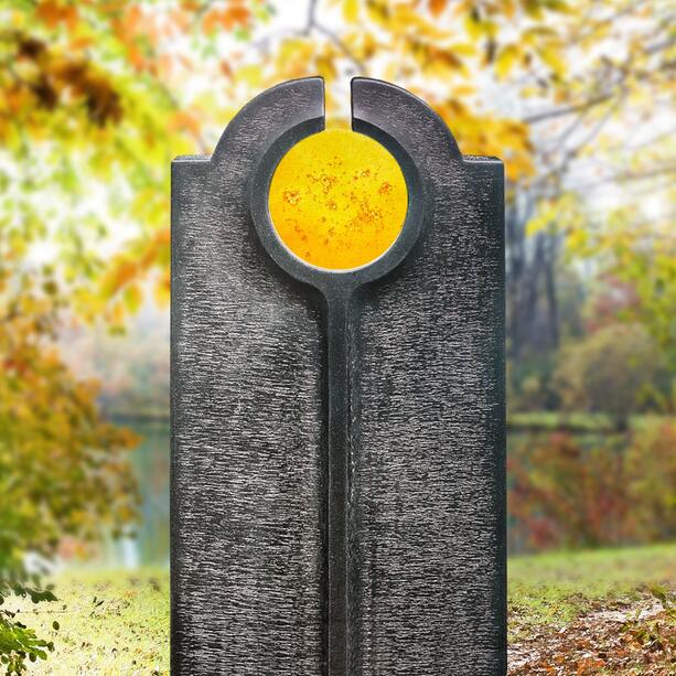 Moderner Urnengrabstein mit Glas Symbol gelb - Novara Sole