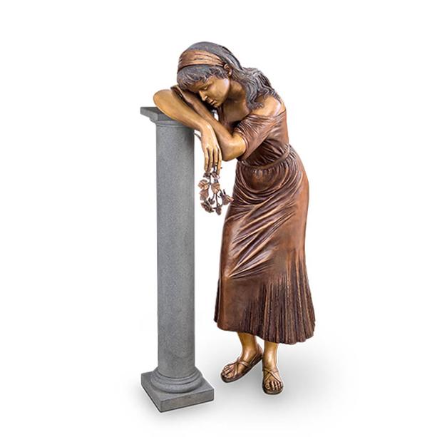 Trauernde Bronze Mädchenfigur mit Rose - lebensgroß - Valeria