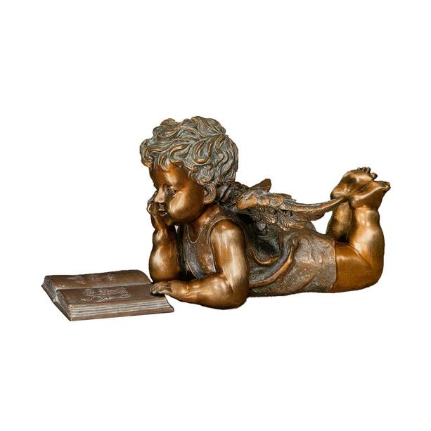 Bronzefigur Engel mit Buch - deutsche Inschrift - Angelo Germanica / 11x12x8cm (HxBxT) / Bronze braun