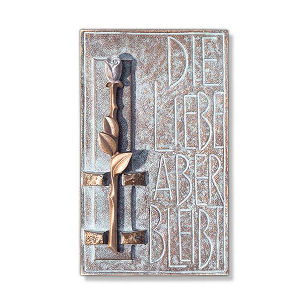 Bronze Wandtafel mit Rose und Inschrift - Liebe bleibt