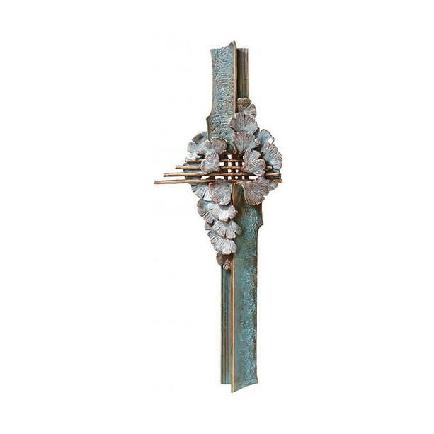 Bronzekreuz für Grab mit Ginkgoblätter - Kreuz Semia
