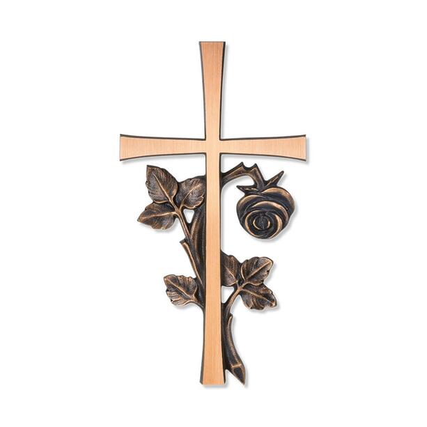 Wand Bronzekreuz mit geknickter Rose - Kreuz Goustan