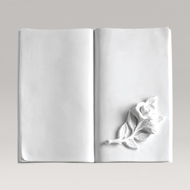 Offenes Buch als Gedenktafel aus weißem Marmorguss mit einzelner Rose - Kito