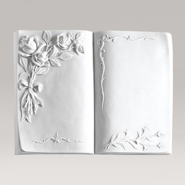 Aufgeklapptes Buch als Schrifttafel mit Blumen aus Marmorguss zur Grab Dekoration - Lita