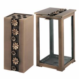 Romantisches Grabschmuck Set aus Metall im floralen Design - Floro / Grablaterne und Grabvase / Bronze