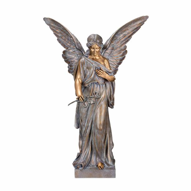 Stehender Engel aus Bronze mit Rose als einzigartiger Grabschmuck - Angelus Florere