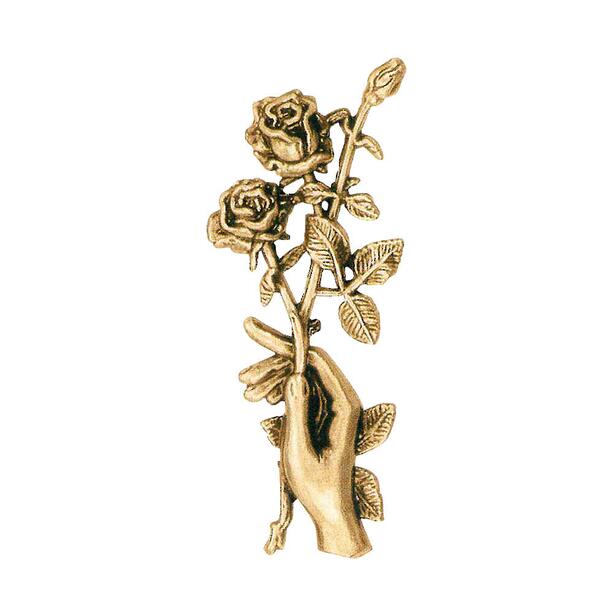 Hand hlt Rosenzweig - Florales Grabrelief aus Bronze - Rosen in der Hand