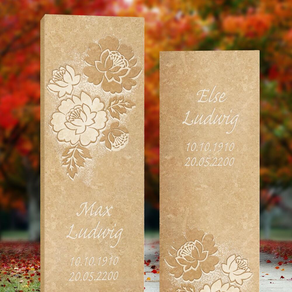 Zweiteiliger Urnen Grabstein mit Blumen Motiv aus Kalkstein - Callista Flora