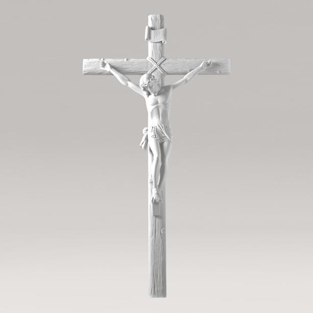 Marmorguss Figur Jesus am Kreuz - Kruzifix mit Inschrift