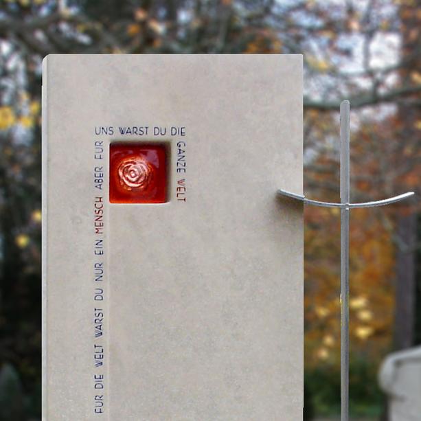 Urnenstein mit Kreuz & roter Glasrose - Venosa