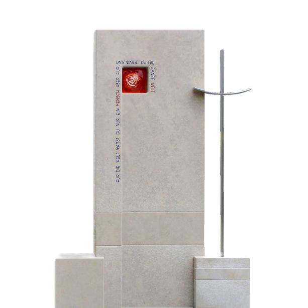 Einzelgrab Stein mit Kreuz & Rose aus Glas - Venosa