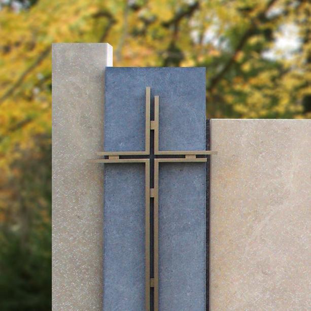 Kalkstein Doppelgrabstein mit Edelstahl Kreuz - Allori