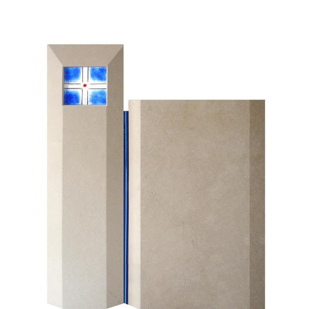 Urnengrabmal Naturstein zweiteilig blau mit Glas & Kreuz - Lavello