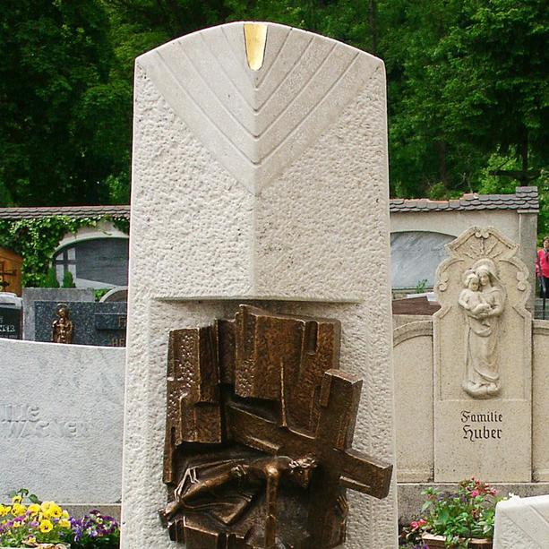 Grabstein Kalkstein zweiteilig mit Bronze Figur Christus - Messia