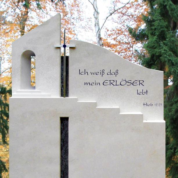 Doppelgrabstein Kalkstein mit Metall Kreuz & Treppe - Scala