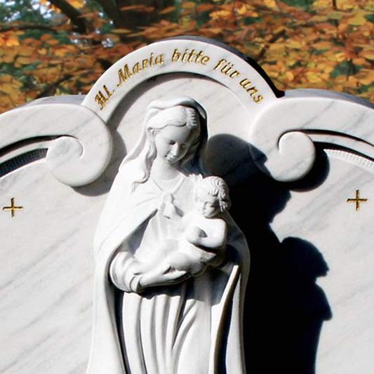 Grabmal Marmor klassisch weiß mit Maria Figur - Madonna