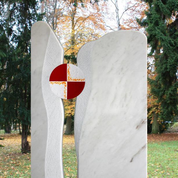 Runde Grabstein Glasverzierung mit Kreuz in Rot - Glasornament R-10