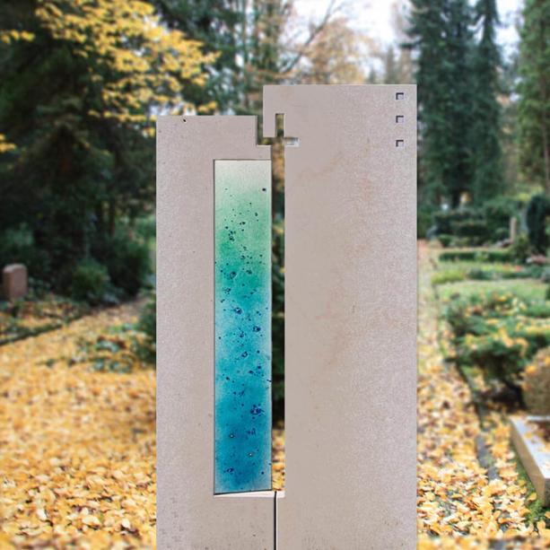 Kunstvoller Glaseinsatz für Grabmale in Blau-Grün - Glasstele S-4