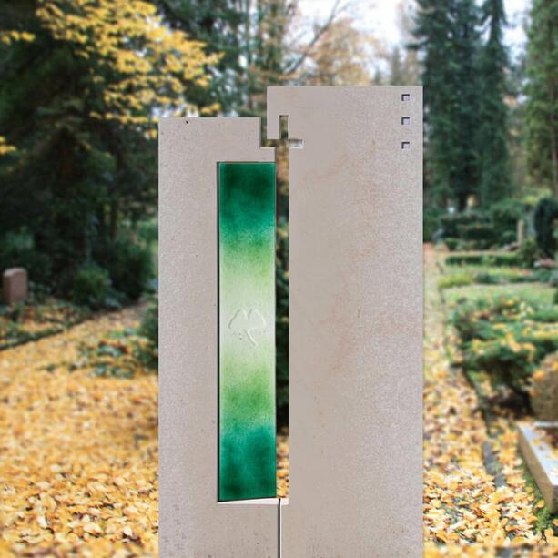 Grabmal Glas Verzierung in Grün mit Ginkgo - Glasstele S-23