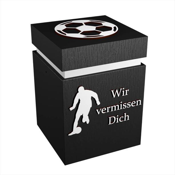 Schöne eckige schwarz weiße Fußball Holz Urne mit Schriftzug - Fußball Amadeus