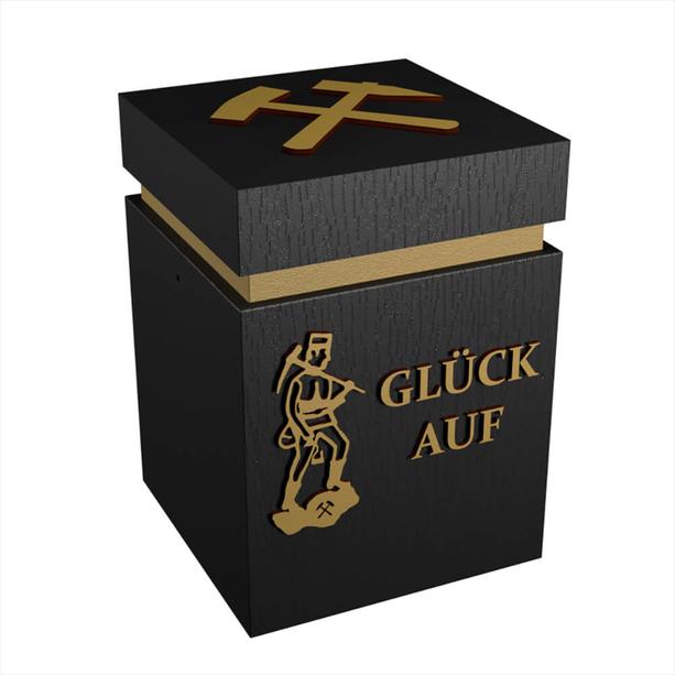 Moderne eckige Holzurne schwarz mit goldenem Schriftzug - Bergmann - Knappe