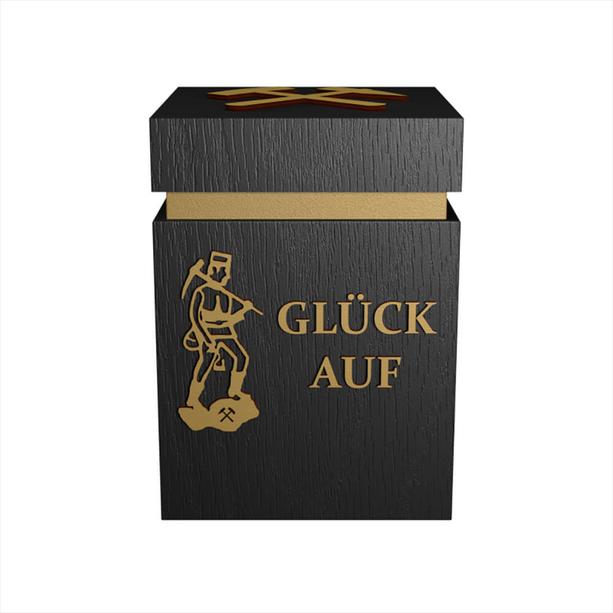 Moderne eckige Holzurne schwarz mit goldenem Schriftzug - Bergmann - Knappe