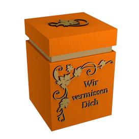 Orange Urne aus Holz mit Gold Ranke - eckig - Merana